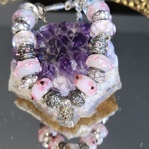 Women's Solid 925 Pink & White Pandora-Style Prayer Box Bracelet w/ 925 Safety.